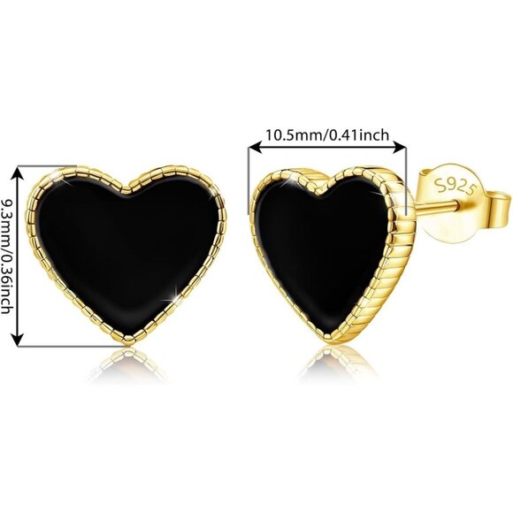 Women's 18K Gold Black Onyx Acrylic Heart Luxury Dainty Stud Earrings - Picture 4 of 6